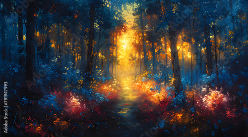 Radiant Wilderness: Oil Painting Showcasing Vibrant Colors in Illuminated Forest Scene