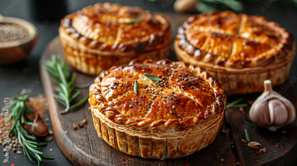 Illustration of homemade food, homemade pie with chicken and potatoes on a wooden table, in a rustic style, with spices, an unusual picture. Illustration of homemade food, homemade pie with chicken and potatoes on a wooden table, in a rustic style, with spices, an unusual picture.