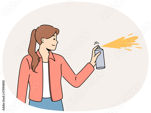 Smiling girl spray paint on wall background. Happy woman with bottle spraying creating graffiti on wall. Hobby and art. Vector illustration.
