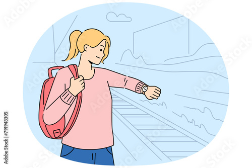 Anxious woman stand on platform on railway station check time on wristwatch. Worried girl look at watch on hand frustrated with train late. Commuting and transportation. Vector illustration.