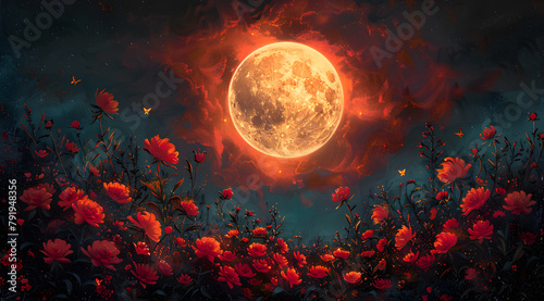 Eclipse Radiance: Artistic Oil Painting of Lunar Eclipse and Glowing Garden photo