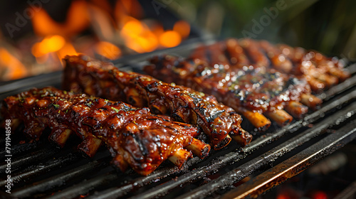 Spicy spare ribs and chicken grilling on a BBQ