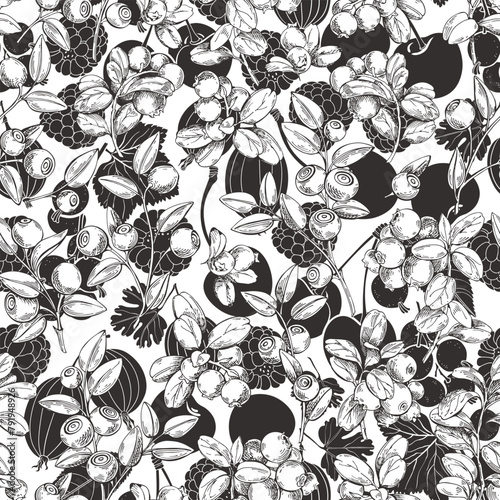 Berry seamless pattern. Vector. Black and white. Perfect for design templates, wallpaper, wrapping, fabric, print and textile.