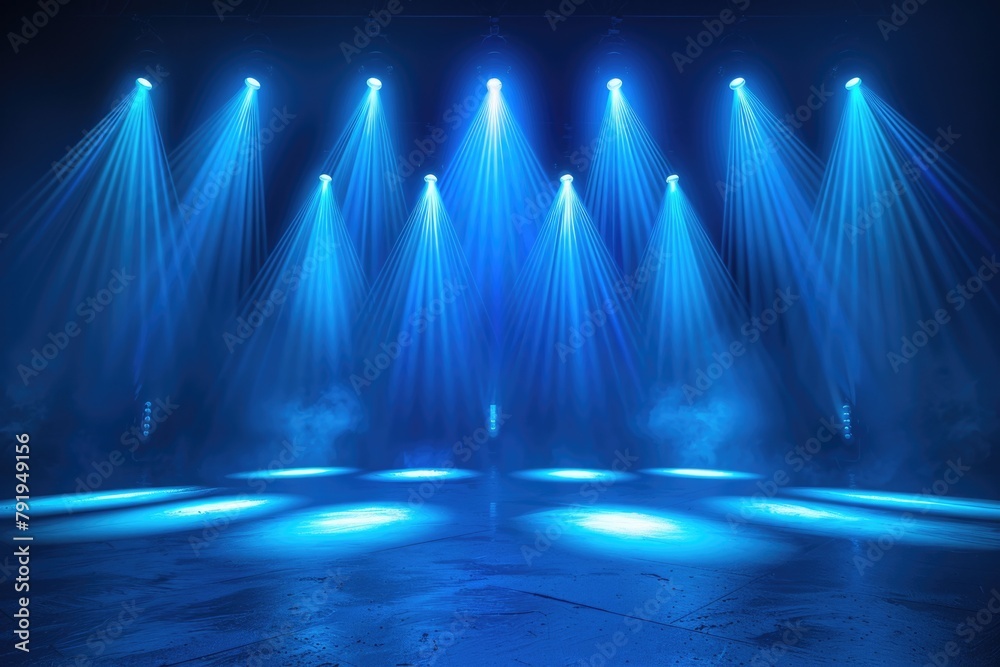 Concert Stage with Blue Spotlight Effects - obrazy, fototapety, plakaty 