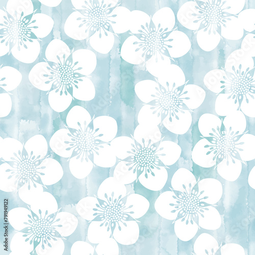 White flowers on blue watercolor. Hand drawn vector seamless pattern. Abstract floral background. Perfect for design templates, wallpaper, wrapping, print, fabric and textile.
