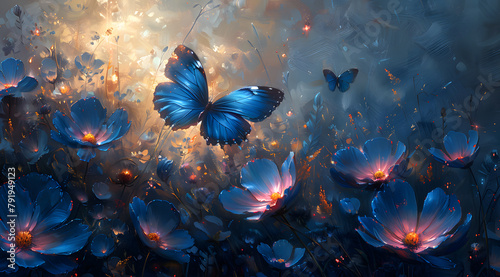 Moonlit Luminance: Oil Painting of Glowing Garden Flowers and Butterflies