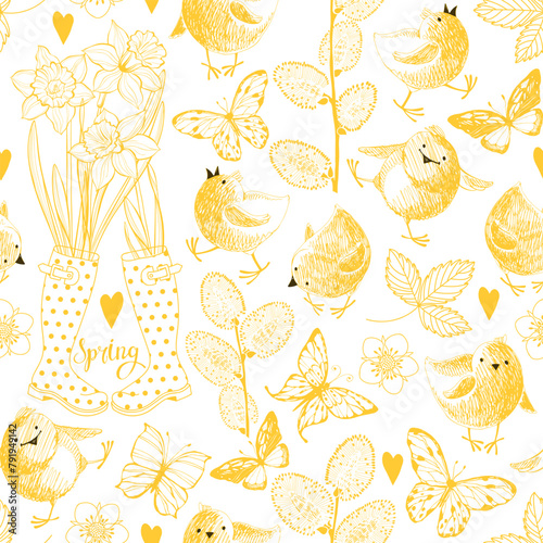 Spring seamless pattern. Hand drawn cute cartoon illustration. Vector.  Perfect for wallpaper, wrapping, fabric and textile, invitation, card, tile, print.