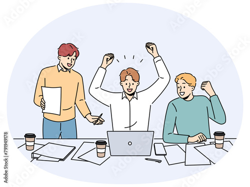 Smiling male employees work on laptop celebrate online win in office. Happy colleagues triumph with work achievement or success. Vector illustration.