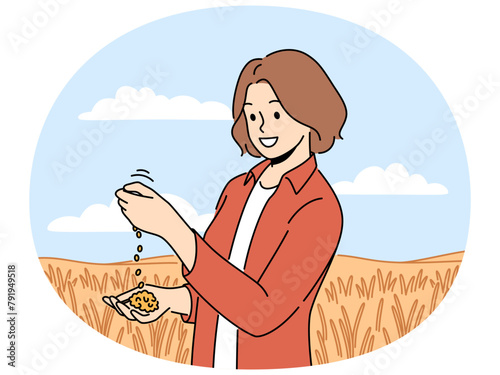 Female farmer inspect crop in agriculture field. Agronomist look at harvest soybeans in plantation. Farming and agronomy. Vector illustration.