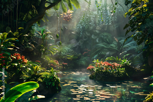 Dreamy fairytail deep tropical jungle background. High quality photo photo