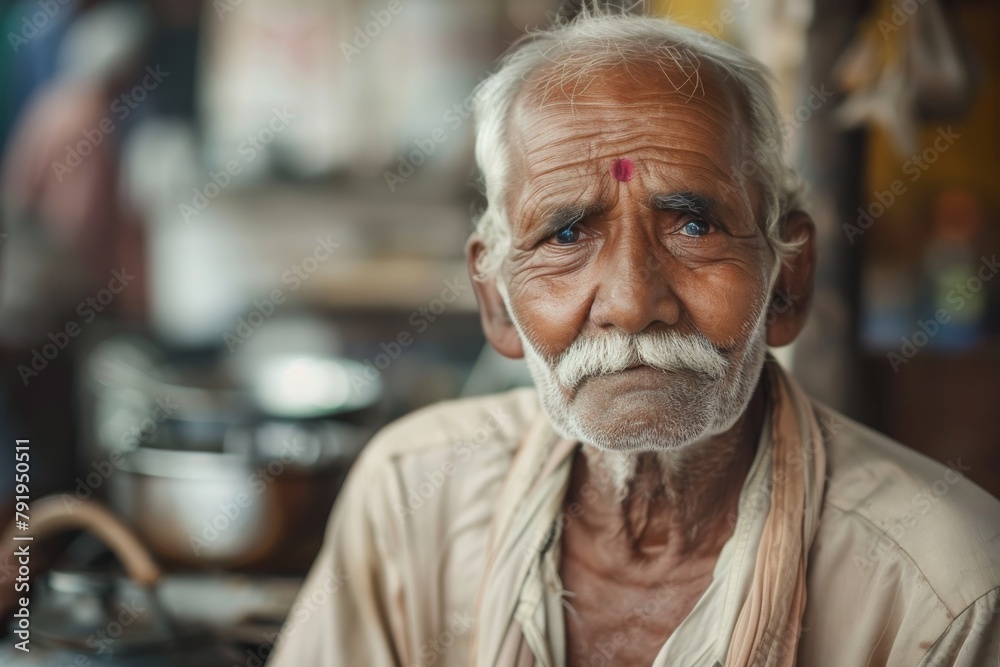 A serene elderly gentleman with a bindi exuding peace and wisdom in a naturally lit environment