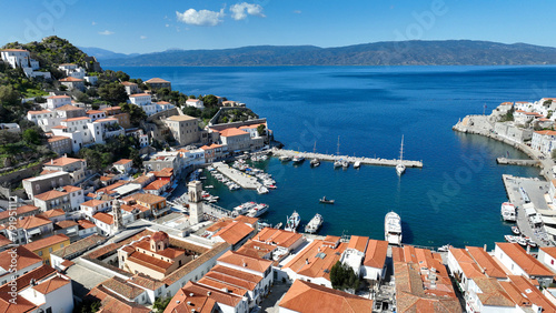 Aerial drone photo of picturesque and historic main village of Hydra or Ydra island well know for captain's mansions and marine tradition, Saronic gulf, Greece