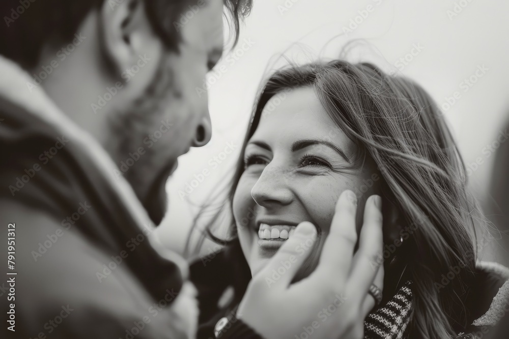 An intimate portrait of a couple laughing in a monochrome setting, showing a tender moment An intimate portrait of a couple laughing in a monochrome setting, showing a tender moment