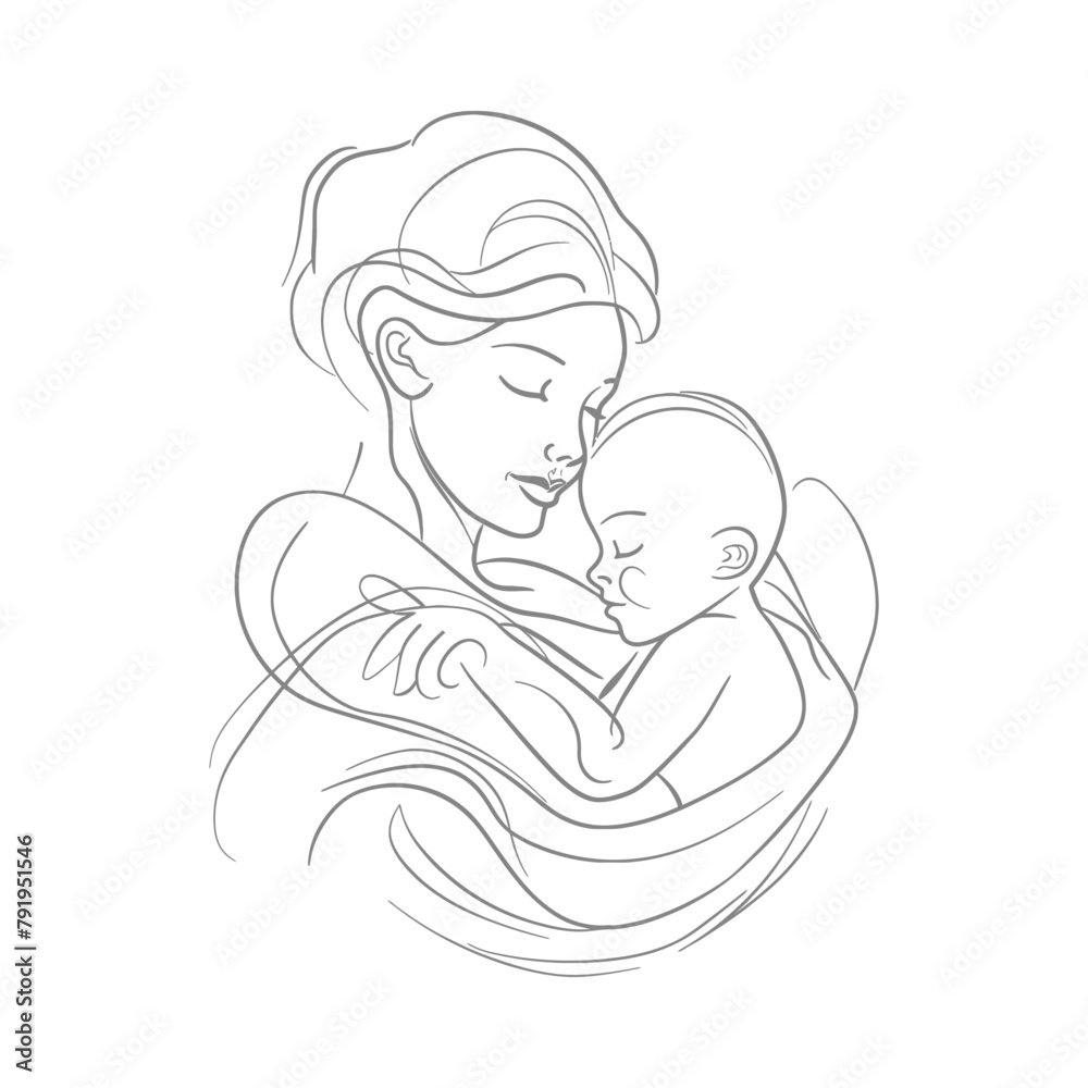 One continuous line drawing of mother holding baby black color only One continuous line drawing of mother holding baby black color only