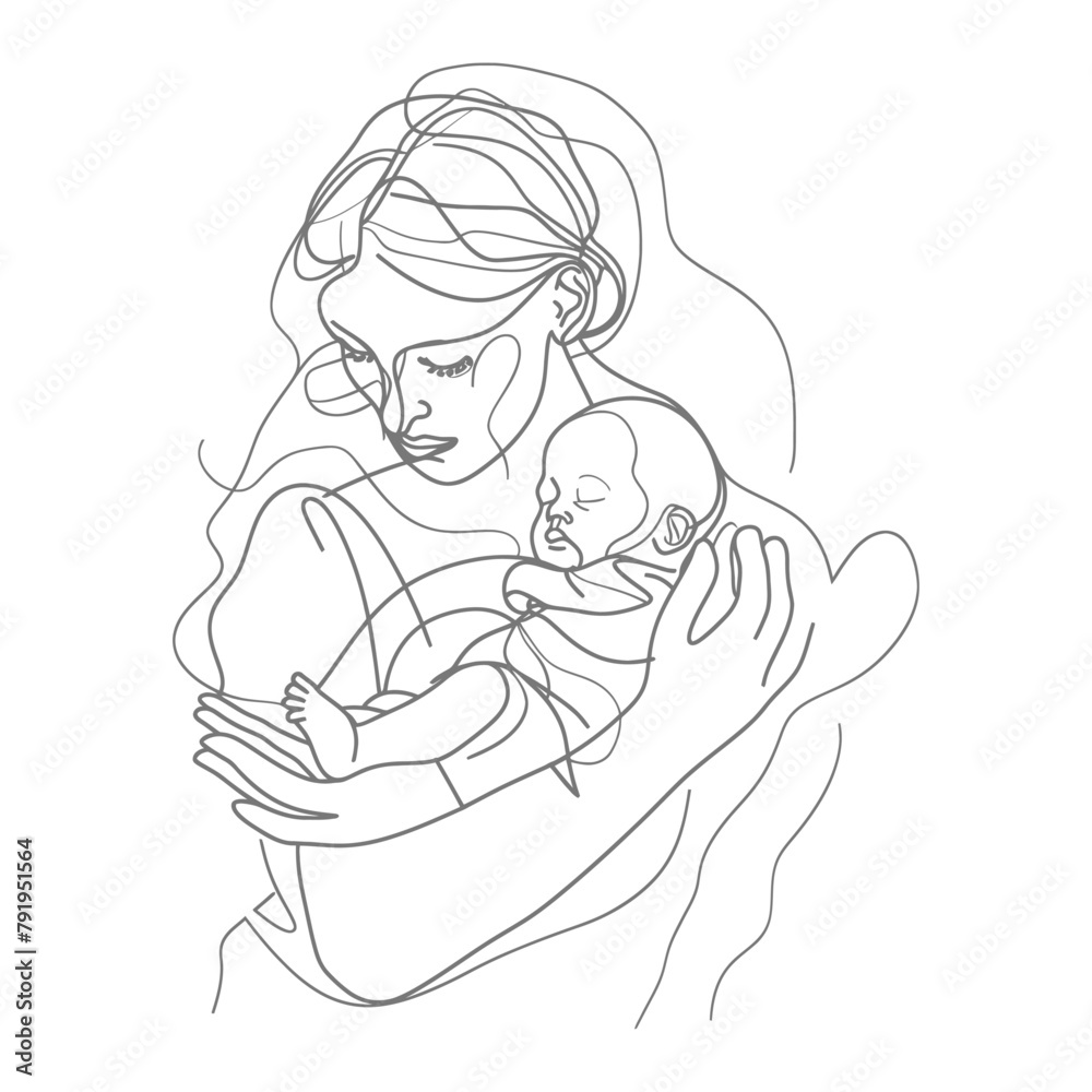 One continuous line drawing of mother holding baby black color only One continuous line drawing of mother holding baby black color only