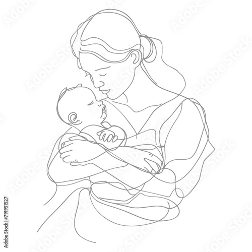 One continuous line drawing of mother holding baby black color only