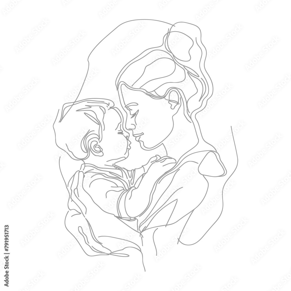 One continuous line drawing of mother holding baby black color only One continuous line drawing of mother holding baby black color only