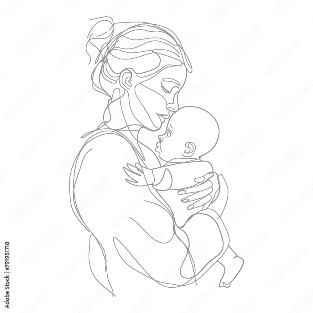 One continuous line drawing of mother holding baby black color only