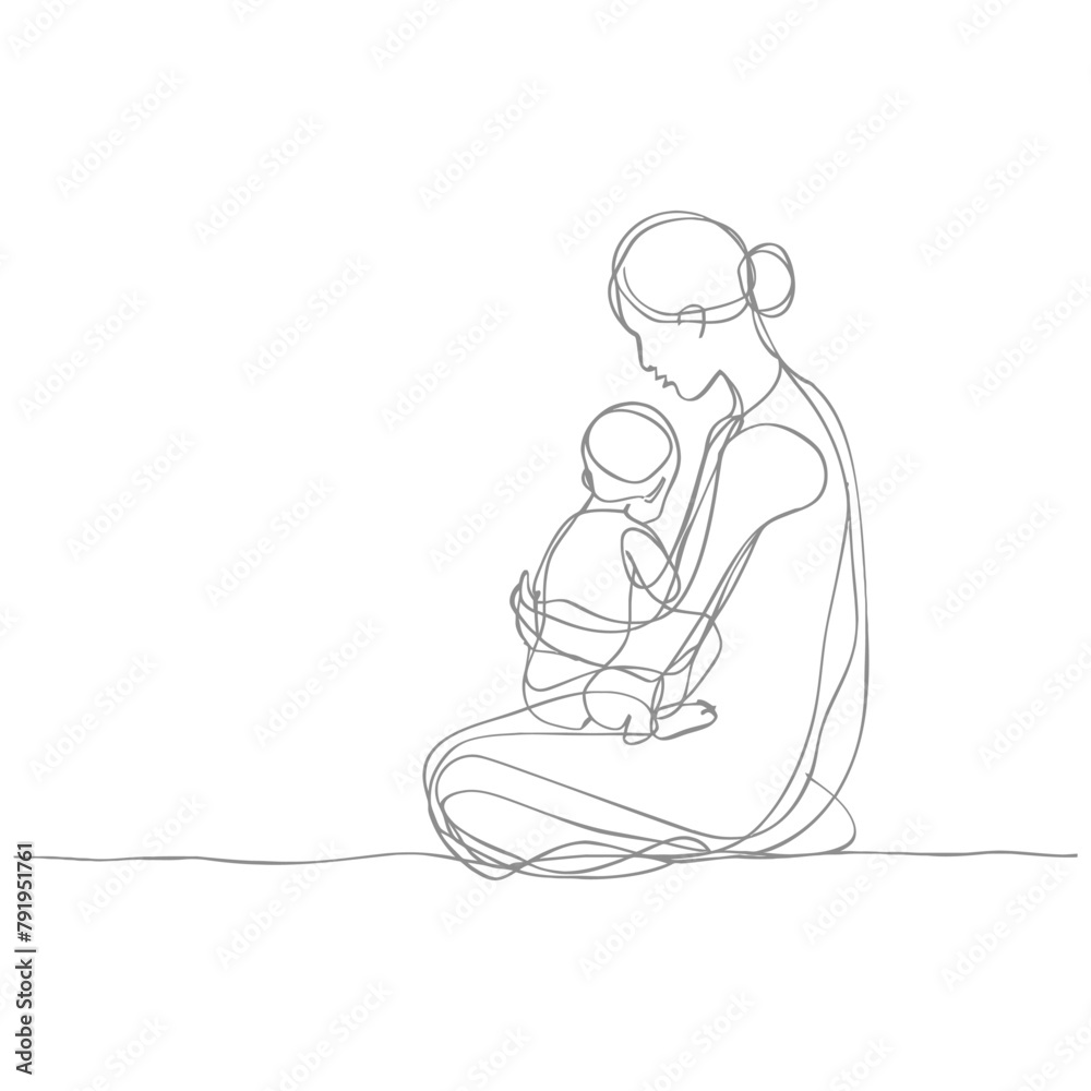 One continuous line drawing of mother holding baby black color only One continuous line drawing of mother holding baby black color only