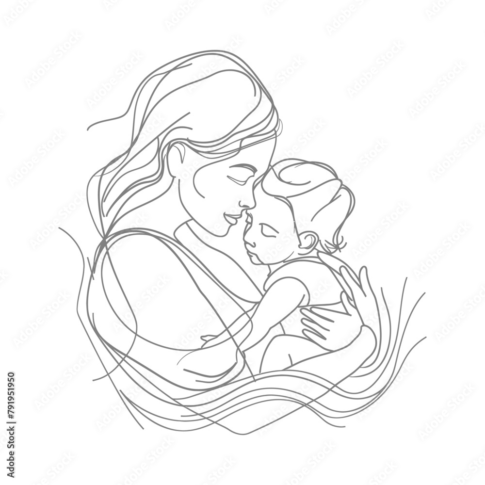 One continuous line drawing of mother holding baby black color only One continuous line drawing of mother holding baby black color only
