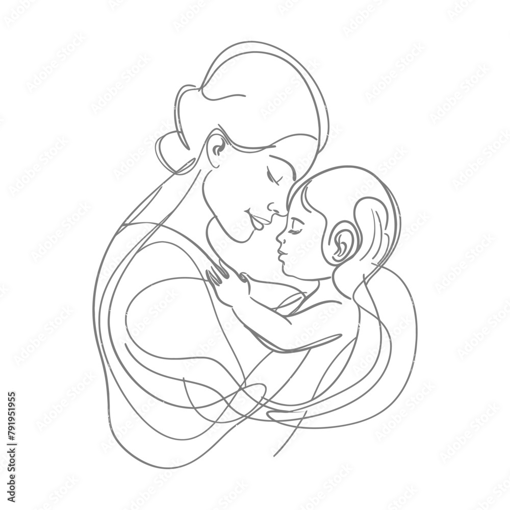 One continuous line drawing of mother holding baby black color only One continuous line drawing of mother holding baby black color only