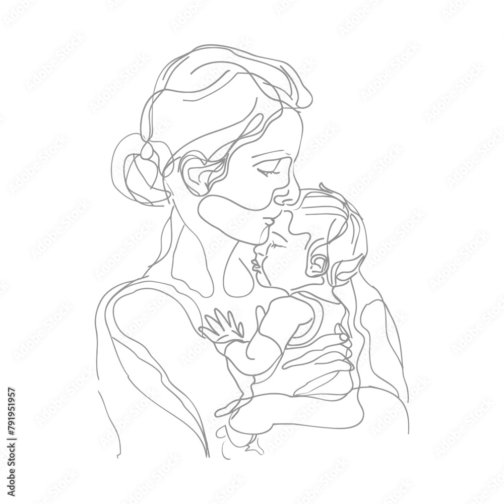 One continuous line drawing of mother holding baby black color only