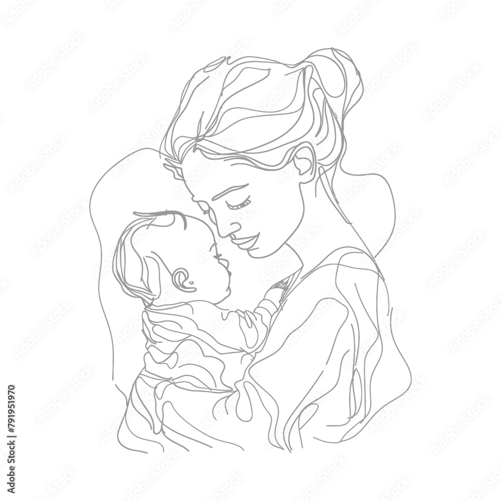 One continuous line drawing of mother holding baby black color only One continuous line drawing of mother holding baby black color only