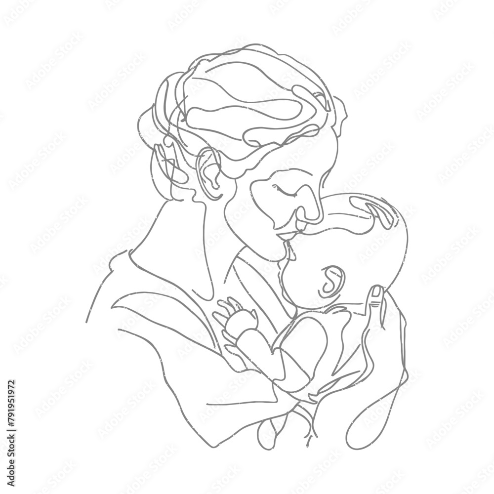 One continuous line drawing of mother holding baby black color only