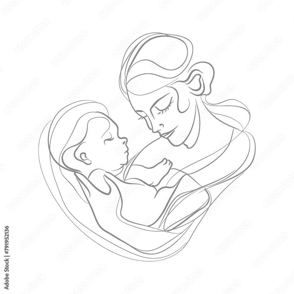 One continuous line drawing of mother holding baby black color only One continuous line drawing of mother holding baby black color only