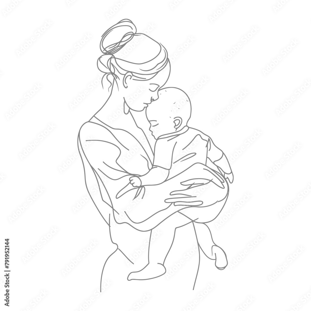 One continuous line drawing of mother holding baby black color only One continuous line drawing of mother holding baby black color only