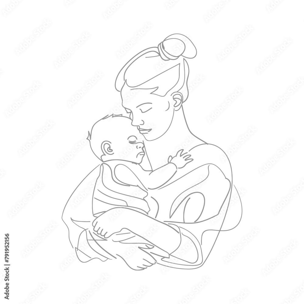 One continuous line drawing of mother holding baby black color only One continuous line drawing of mother holding baby black color only