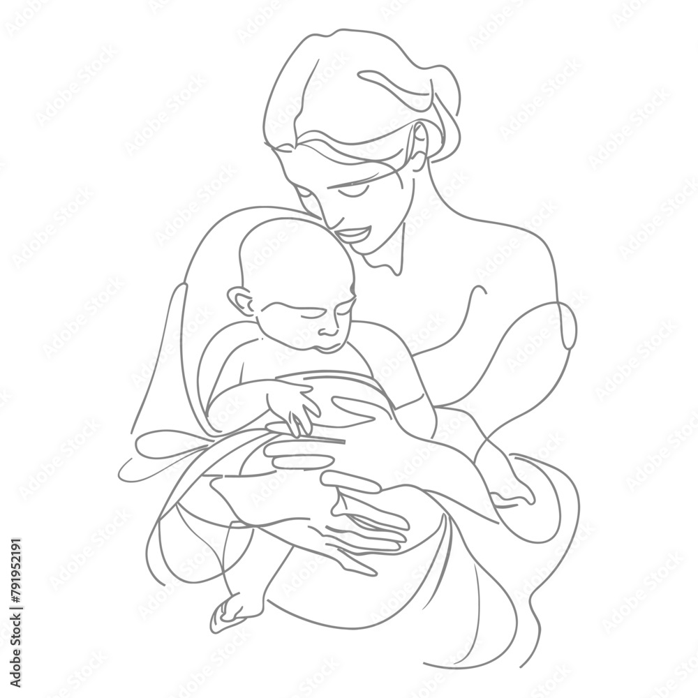One continuous line drawing of mother holding baby black color only One continuous line drawing of mother holding baby black color only
