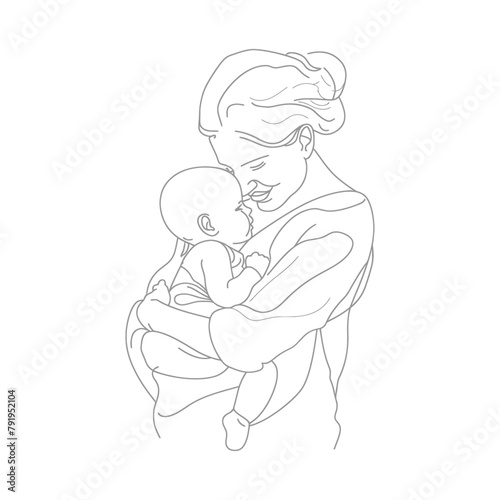 One continuous line drawing of mother holding baby black color only