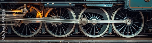Close-up details of a vintage locomotive's wheels and mechanics