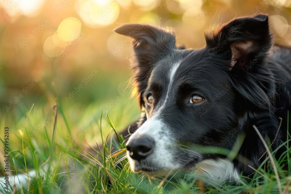 A Border Collie dog lies down on grass, bathed in the warm golden light of the sunset