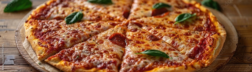 Freshly baked Margherita pizza with basil on top Freshly baked Margherita pizza with basil on top