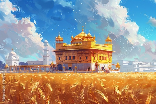 Immerse yourself in the festive spirit with a Baisakhi card featuring a picturesque wheat field and the revered Golden Temple. This visual masterpiece encapsulates the essence of the festival