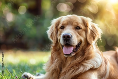 Bright image of a happy Golden retriever relaxing in green grass