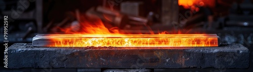 Glowing steel bars on an anvil in a dark smithy