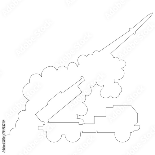 発射台から放たれたミサイルのイラストのシンプルな線画　ベクター