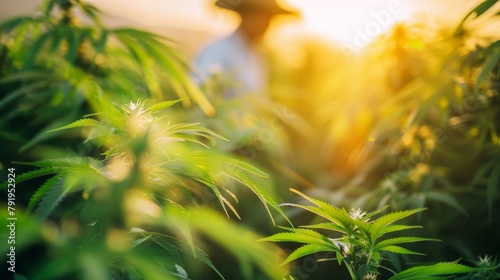 Cannabis Plantation Enjoying Marijuana Silhouette Young Man Plant Alternative Organic Herbal Medicine Concept Banner Copy Space Sunlight