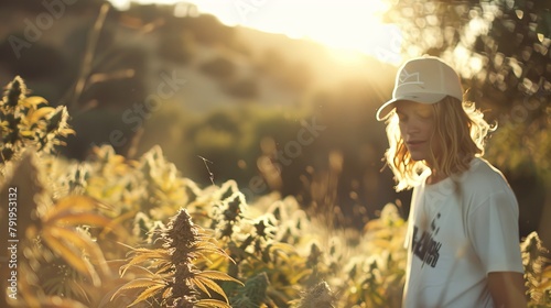 Cannabis Plantation Enjoying Marijuana Young Man Plant Alternative Organic Herbal Medicine Concept Banner Copy Space Sunlight