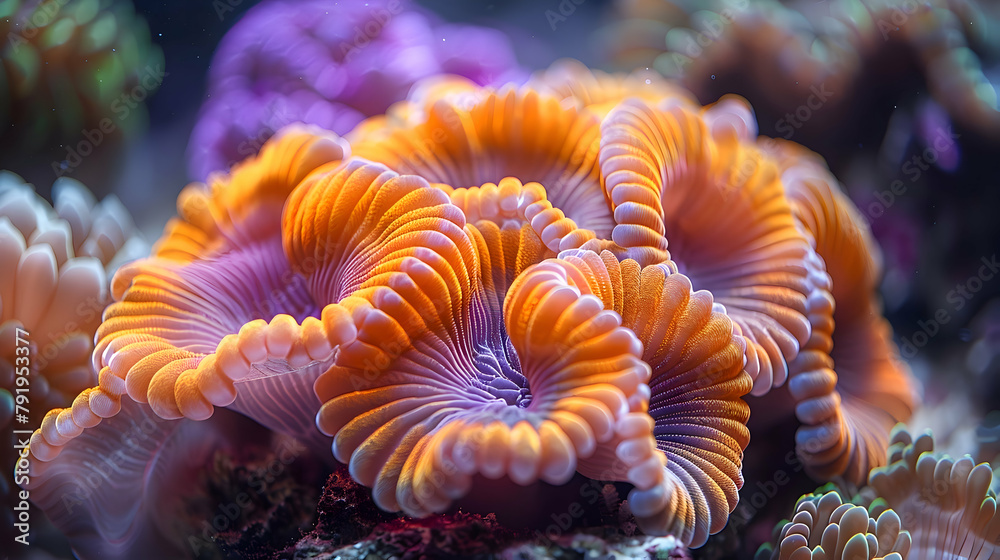 The bright colors and fine details of a coral under the sea, captured with underwater macro photography The bright colors and fine details of a coral under the sea, captured with underwater macro photography