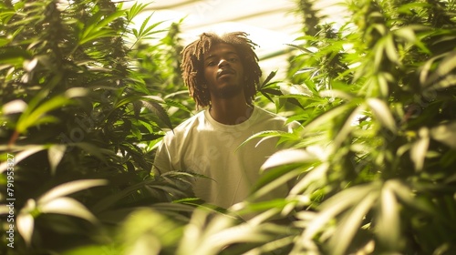 Cannabis Plantation Enjoying Marijuana Young African Man Plant Alternative Organic Herbal Medicine Concept Banner Sunlight