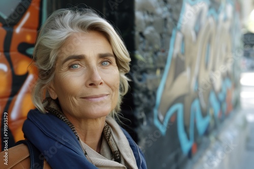 A woman with gray hair and blue eyes, wearing a blue shirt and a brown scarf. She is standing in front of a wall with graffiti.