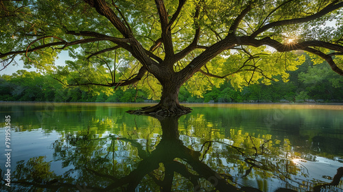 A serene scene of an Eastern Cottonwood tree reflected in the calm waters of a tranquil lake, its verdant branches reaching towards the sky, mirroring photo