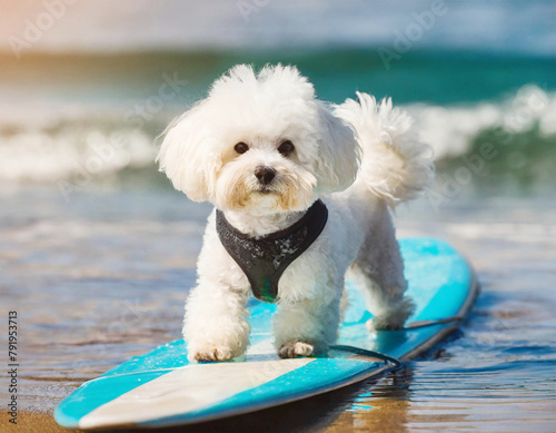 Close up of a dog surfing on board, surfer dog. 