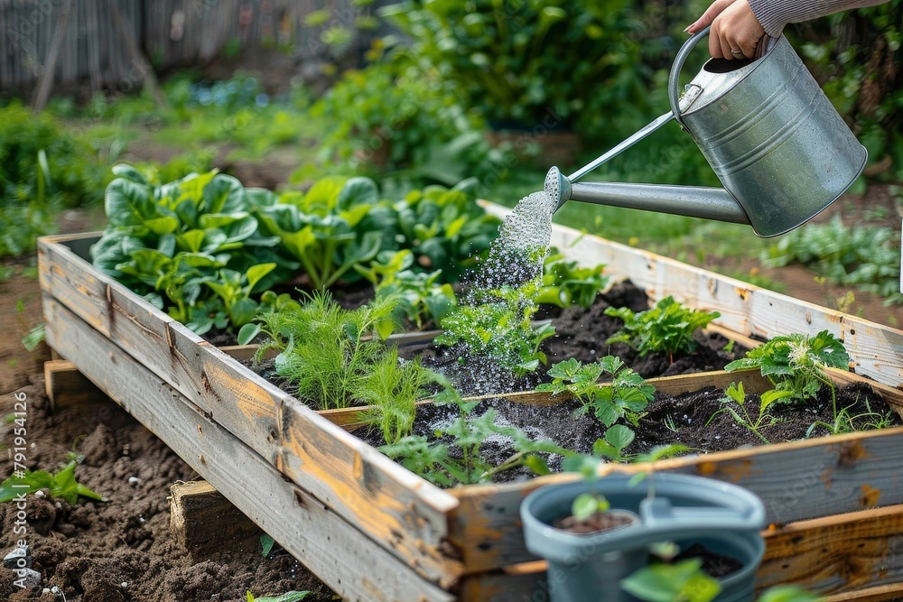 Gardener carefully hydrates lush plants in a well-maintained wooden raised garden bed, subtly emphasizing the beauty of gardening Gardener carefully hydrates lush plants in a well-maintained wooden raised garden bed, subtly emphasizing the beauty of gardening