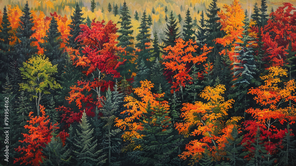 A serene view of an Eastern Hemlock grove in autumn, with the vibrant hues of red, orange, and yellow foliage painting a stunning tapestry against the backdrop of the evergreen trees,