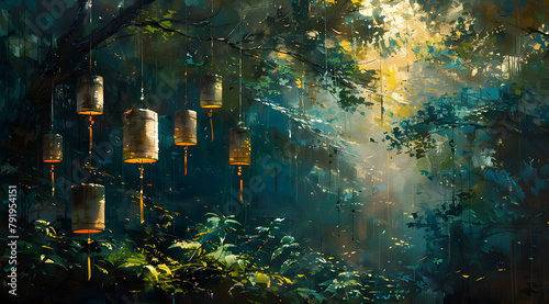 Whispers of Tranquility: Oil Painting of Wind Chimes and Ribbons in Garden photo